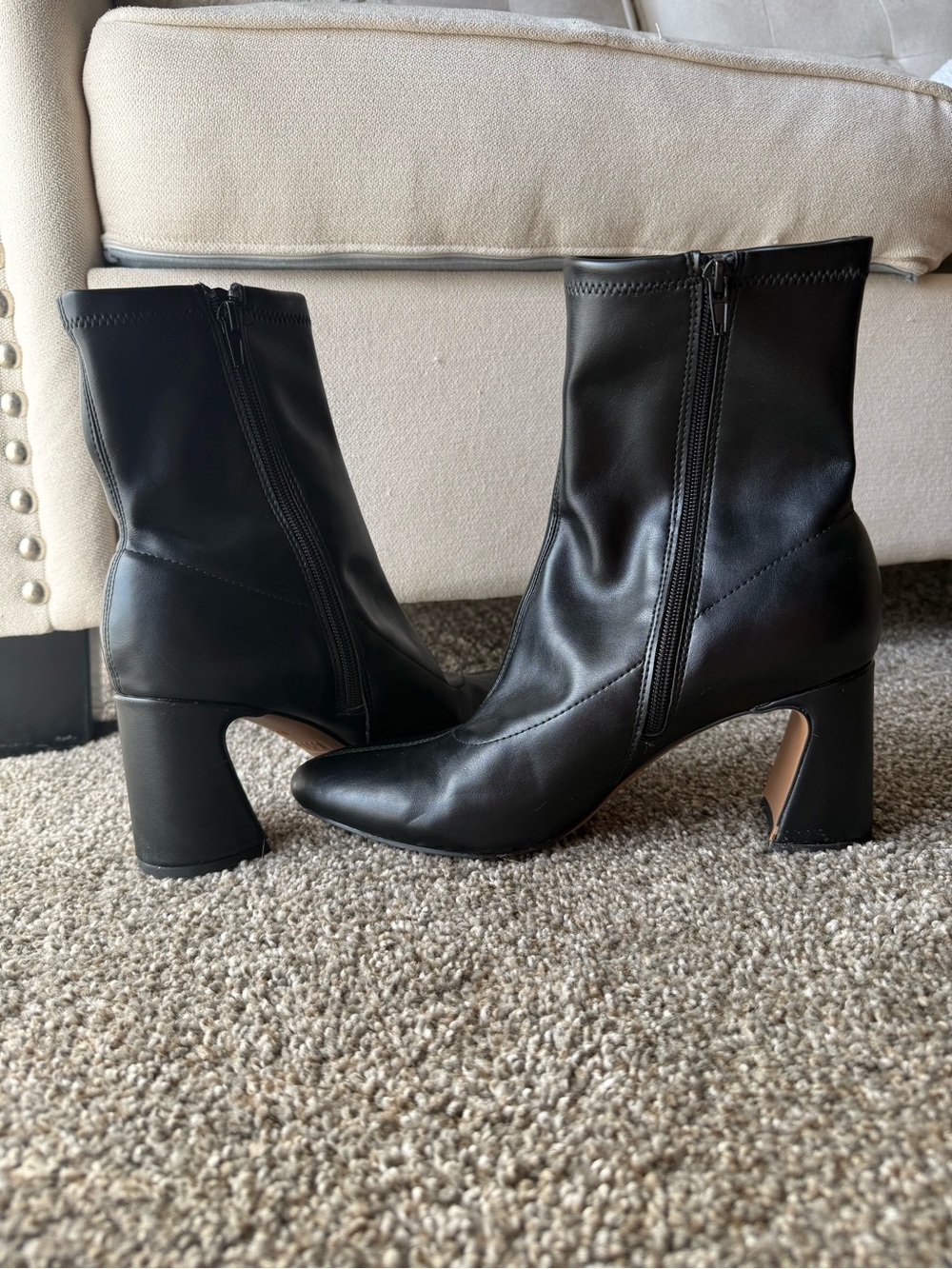 MIA Black Leather Mid-Block Heel Ankle Boots